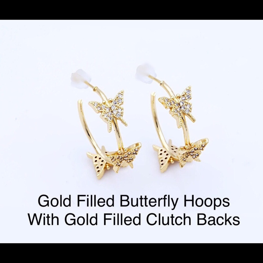 CZ Butterfly Hoop Earrings 25mm or 1”,  24k Gold Filled, Symbol Change/ Rebirth